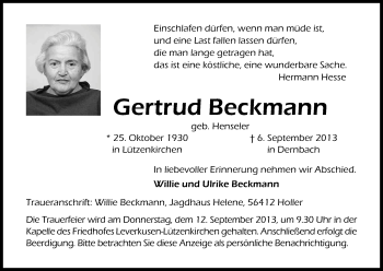 Anzeige von Gertrud Beckmann von Kölner Stadt-Anzeiger / Kölnische Rundschau / Express
