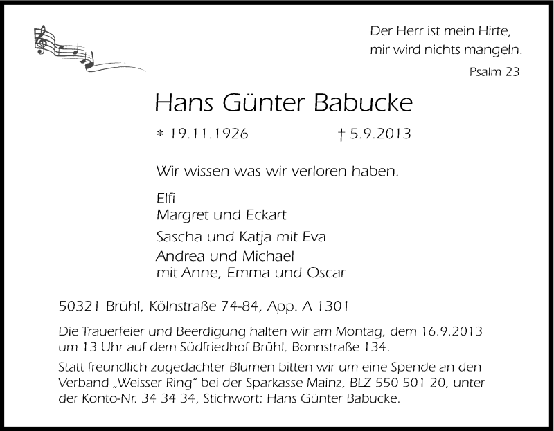  Traueranzeige für Hans Günter Babucke vom 11.09.2013 aus Kölner Stadt-Anzeiger / Kölnische Rundschau / Express