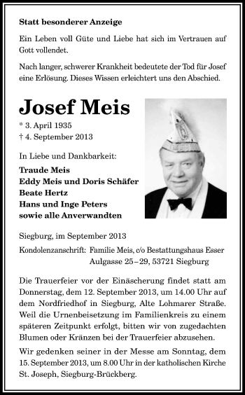 Anzeige von Josef Meis von Kölner Stadt-Anzeiger / Kölnische Rundschau / Express