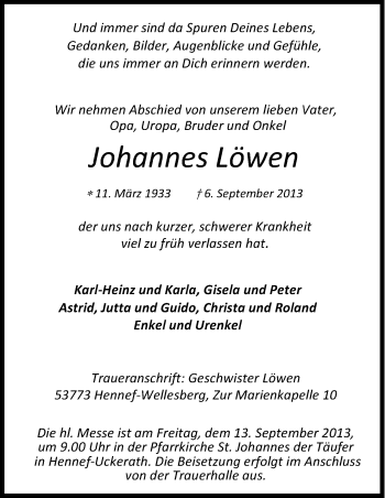 Anzeige von Johannes Löwen von Kölner Stadt-Anzeiger / Kölnische Rundschau / Express