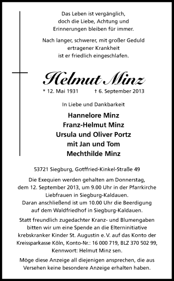 Anzeige von Helmut Minz von Kölner Stadt-Anzeiger / Kölnische Rundschau / Express