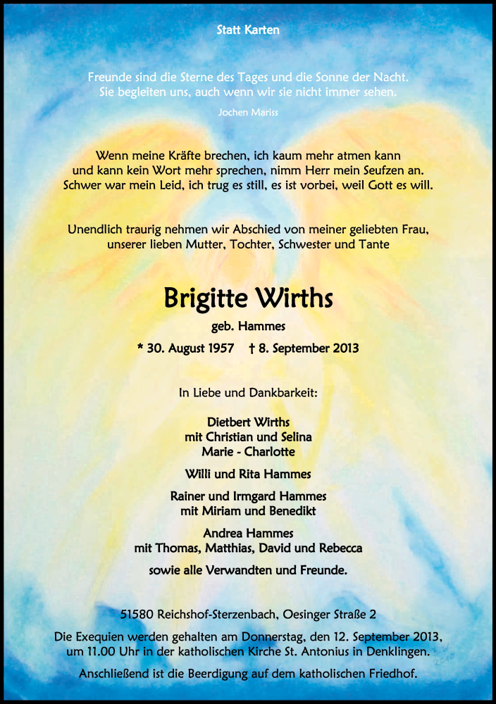  Traueranzeige für Brigitte Wirths vom 10.09.2013 aus Kölner Stadt-Anzeiger / Kölnische Rundschau / Express
