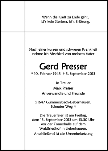 Anzeige von Gerd Presser von Kölner Stadt-Anzeiger / Kölnische Rundschau / Express