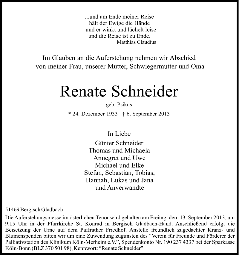  Traueranzeige für Renate Schneider vom 10.09.2013 aus Kölner Stadt-Anzeiger / Kölnische Rundschau / Express