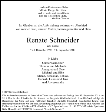 Anzeige von Renate Schneider von Kölner Stadt-Anzeiger / Kölnische Rundschau / Express
