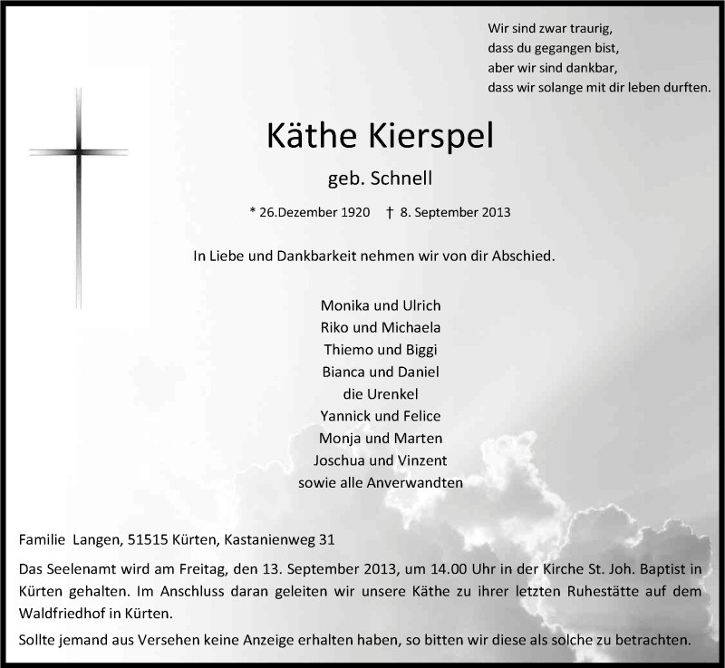  Traueranzeige für Käthe Kierspel vom 10.09.2013 aus Kölner Stadt-Anzeiger / Kölnische Rundschau / Express