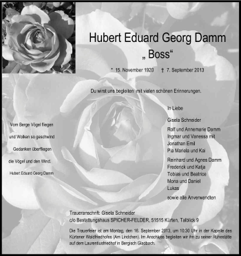 Anzeige von Herbert Eduard Georg Damm von Kölner Stadt-Anzeiger / Kölnische Rundschau / Express