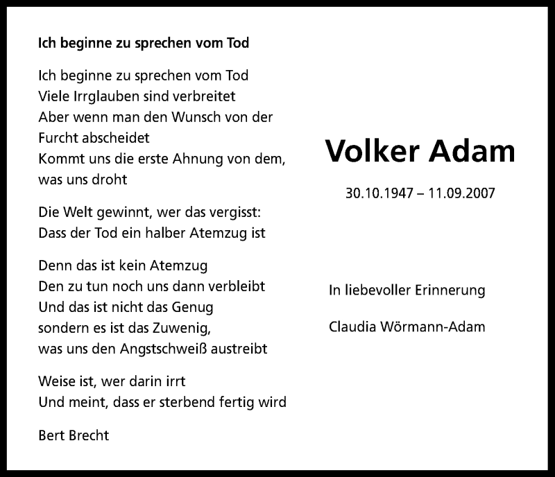  Traueranzeige für Volker Adam vom 11.09.2013 aus Kölner Stadt-Anzeiger / Kölnische Rundschau / Express