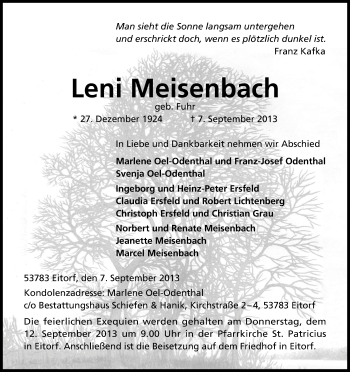 Anzeige von Leni Meisenbach von Kölner Stadt-Anzeiger / Kölnische Rundschau / Express