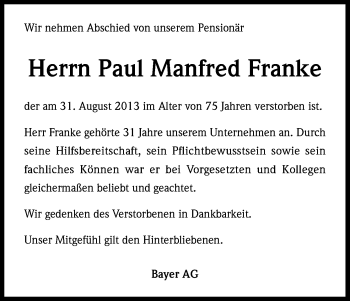 Anzeige von Paul Manfred Franke von Kölner Stadt-Anzeiger / Kölnische Rundschau / Express