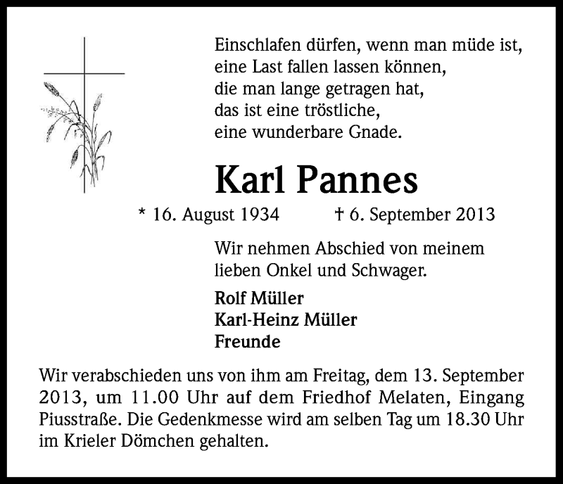  Traueranzeige für Karl Pannes vom 10.09.2013 aus Kölner Stadt-Anzeiger / Kölnische Rundschau / Express