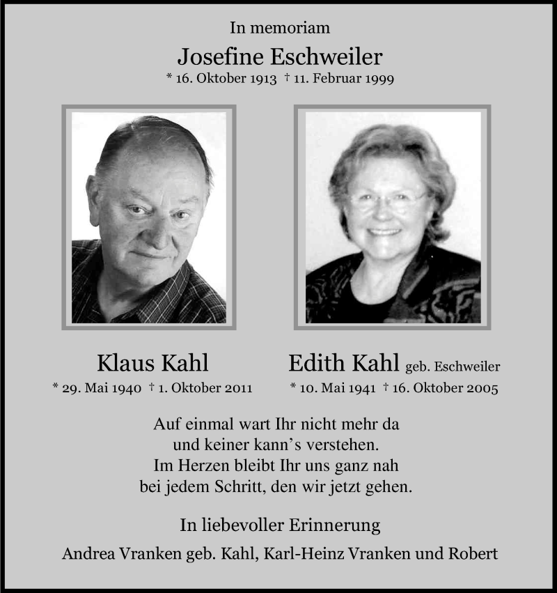  Traueranzeige für Josefine Eschweiler vom 01.10.2013 aus Kölner Stadt-Anzeiger / Kölnische Rundschau / Express