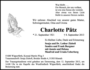 Anzeige von Charlotte Pätz von Kölner Stadt-Anzeiger / Kölnische Rundschau / Express