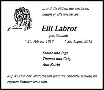 Anzeige von Elli Labrot von Kölner Stadt-Anzeiger / Kölnische Rundschau / Express