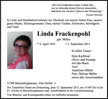 Anzeige von Linda Frackenpohl von Kölner Stadt-Anzeiger / Kölnische Rundschau / Express