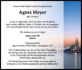 Anzeige von Agnes Meyer von Kölner Stadt-Anzeiger / Kölnische Rundschau / Express