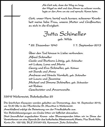 Anzeige von Jutta Schineller von Kölner Stadt-Anzeiger / Kölnische Rundschau / Express