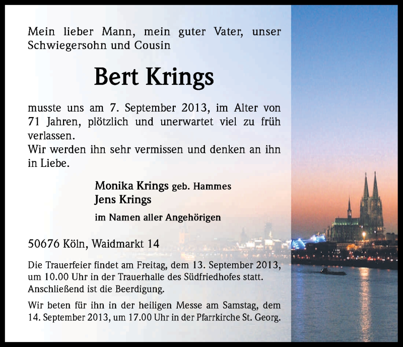  Traueranzeige für Bert Krings vom 11.09.2013 aus Kölner Stadt-Anzeiger / Kölnische Rundschau / Express