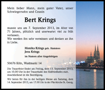 Anzeige von Bert Krings von Kölner Stadt-Anzeiger / Kölnische Rundschau / Express