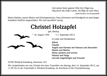 Anzeige von Christel Holzapfel von Kölner Stadt-Anzeiger / Kölnische Rundschau / Express