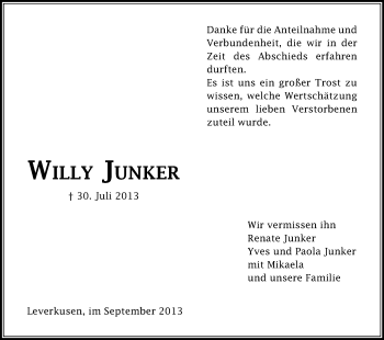Anzeige von Willy Junker von Kölner Stadt-Anzeiger / Kölnische Rundschau / Express