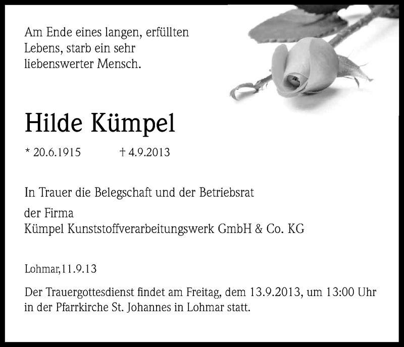  Traueranzeige für Hilde Kümpel vom 11.09.2013 aus Kölner Stadt-Anzeiger / Kölnische Rundschau / Express