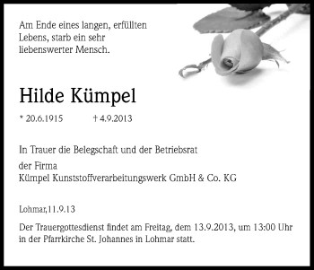 Anzeige von Hilde Kümpel von Kölner Stadt-Anzeiger / Kölnische Rundschau / Express