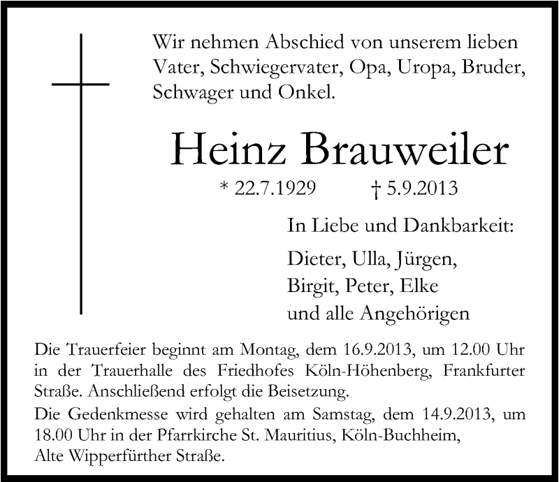  Traueranzeige für Heinz Brauweiler vom 11.09.2013 aus Kölner Stadt-Anzeiger / Kölnische Rundschau / Express