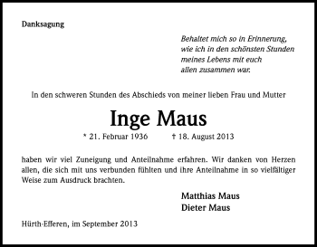 Anzeige von Inge Maus von Kölner Stadt-Anzeiger / Kölnische Rundschau / Express