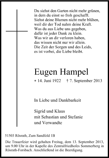 Anzeige von Eugen Hampel von Kölner Stadt-Anzeiger / Kölnische Rundschau / Express