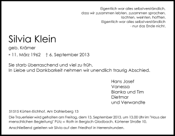 Anzeige von Silvia Klein von Kölner Stadt-Anzeiger / Kölnische Rundschau / Express