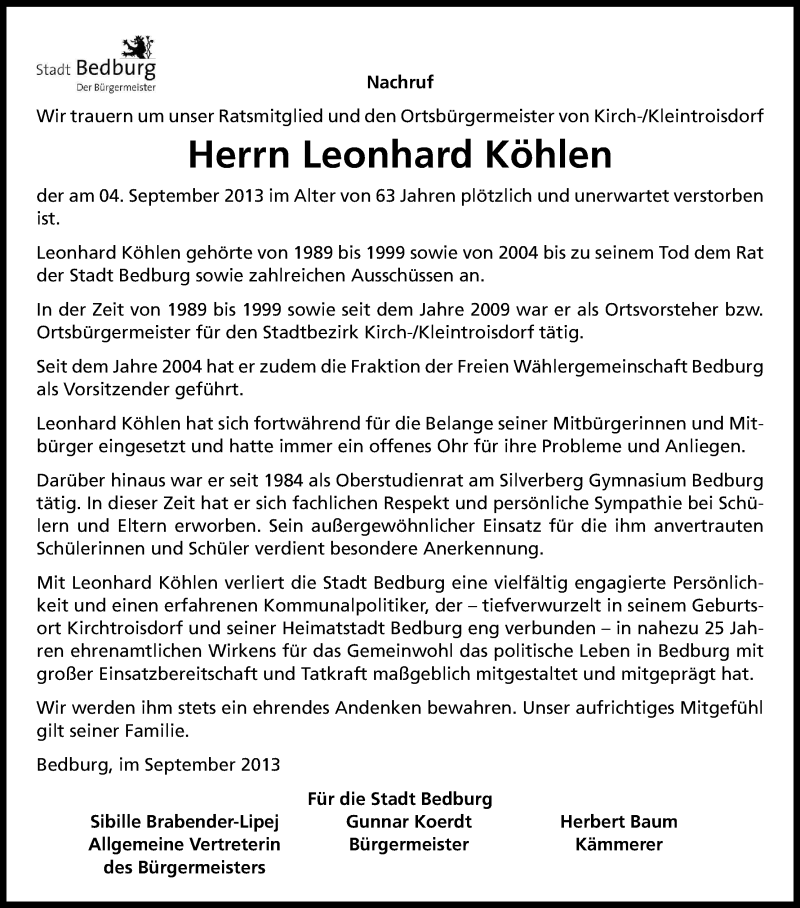  Traueranzeige für Leonhard Köhlen vom 14.09.2013 aus Kölner Stadt-Anzeiger / Kölnische Rundschau / Express