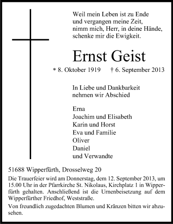 Anzeige von Ernst Geist von Kölner Stadt-Anzeiger / Kölnische Rundschau / Express