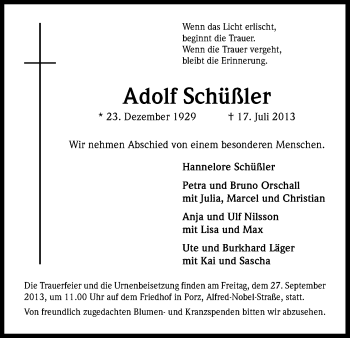 Anzeige von Adolf Schüßler von Kölner Stadt-Anzeiger / Kölnische Rundschau / Express
