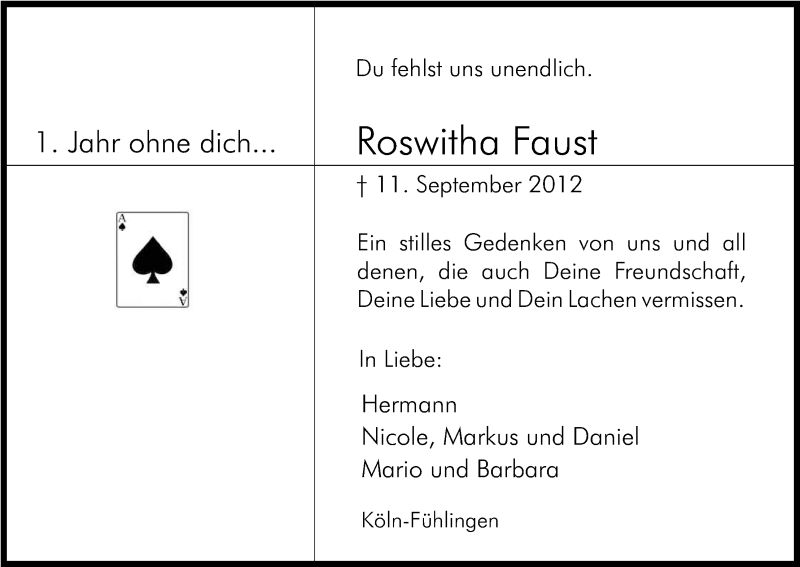  Traueranzeige für Roswitha Faust vom 11.09.2013 aus Kölner Stadt-Anzeiger / Kölnische Rundschau / Express