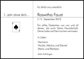 Anzeige von Roswitha Faust von Kölner Stadt-Anzeiger / Kölnische Rundschau / Express