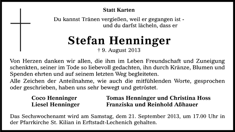  Traueranzeige für Stefan Henninger vom 14.09.2013 aus Kölner Stadt-Anzeiger / Kölnische Rundschau / Express