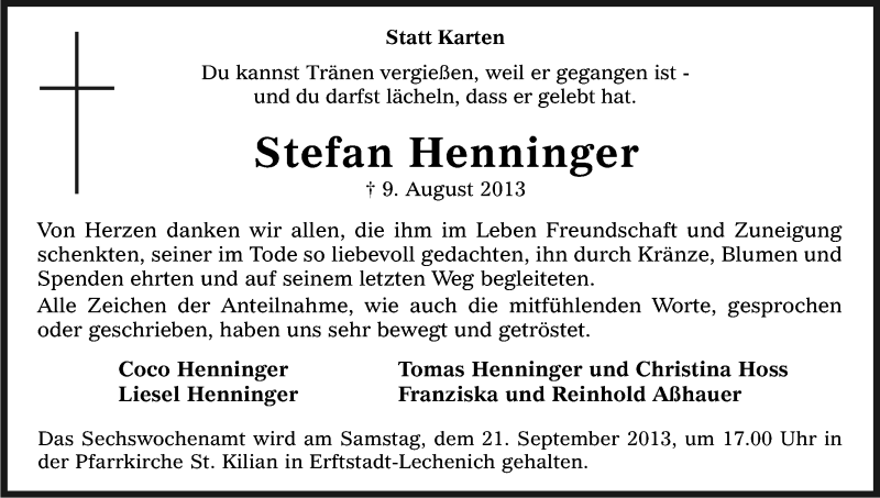  Traueranzeige für Stefan Henninger vom 18.09.2013 aus Kölner Stadt-Anzeiger / Kölnische Rundschau / Express