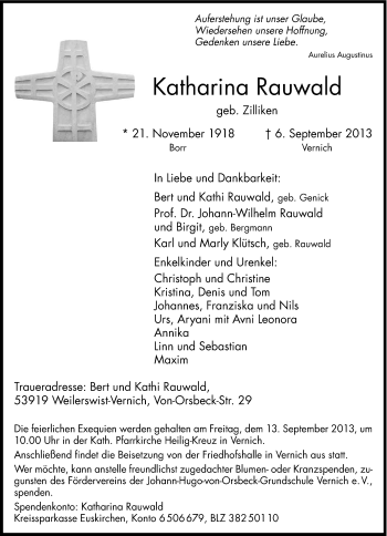 Anzeige von Katharina Rauwald von Kölner Stadt-Anzeiger / Kölnische Rundschau / Express