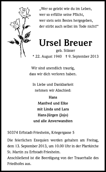Anzeige von Ursel Breuer von Kölner Stadt-Anzeiger / Kölnische Rundschau / Express