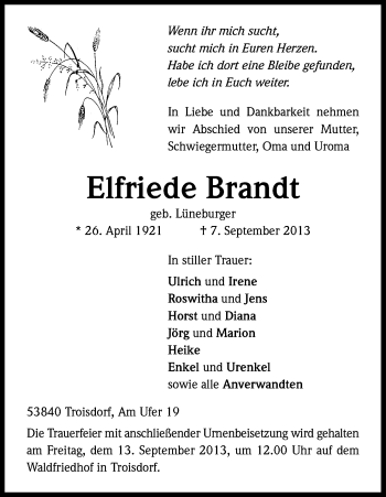 Anzeige von Elfriede Brandt von Kölner Stadt-Anzeiger / Kölnische Rundschau / Express
