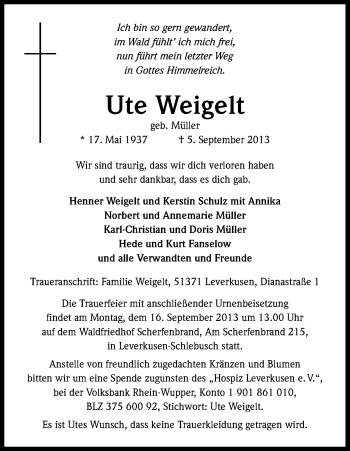 Anzeige von Ute Weigelt von Kölner Stadt-Anzeiger / Kölnische Rundschau / Express