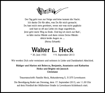 Anzeige von Walter Heck von Kölner Stadt-Anzeiger / Kölnische Rundschau / Express