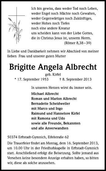 Anzeige von Brigitte Angela Albrecht von Kölner Stadt-Anzeiger / Kölnische Rundschau / Express