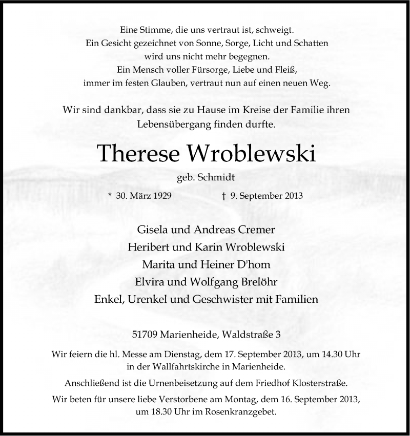 Traueranzeige für Therese Wroblewski vom 11.09.2013 aus Kölner Stadt-Anzeiger / Kölnische Rundschau / Express