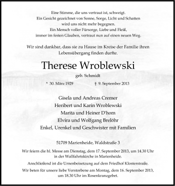 Anzeige von Therese Wroblewski von Kölner Stadt-Anzeiger / Kölnische Rundschau / Express