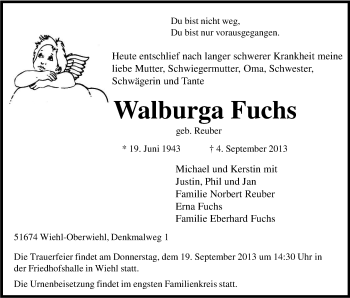 Anzeige von Walburga Fuchs von Kölner Stadt-Anzeiger / Kölnische Rundschau / Express