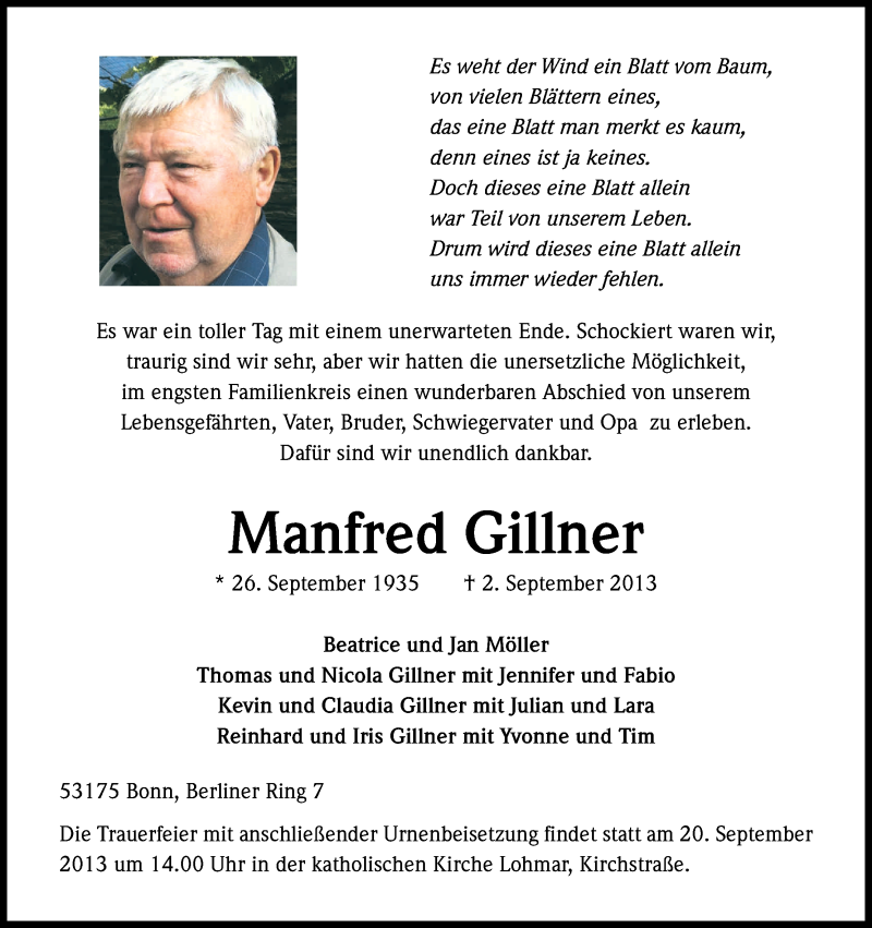  Traueranzeige für Manfred Gillner vom 14.09.2013 aus Kölner Stadt-Anzeiger / Kölnische Rundschau / Express