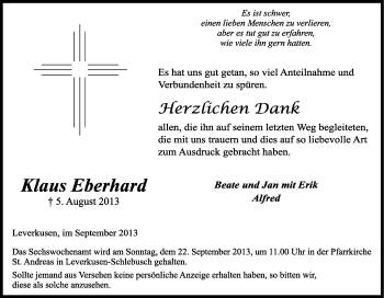 Anzeige von Klaus Eberhard von Kölner Stadt-Anzeiger / Kölnische Rundschau / Express