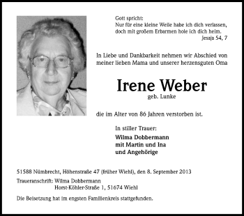 Anzeige von Irene Weber von Kölner Stadt-Anzeiger / Kölnische Rundschau / Express